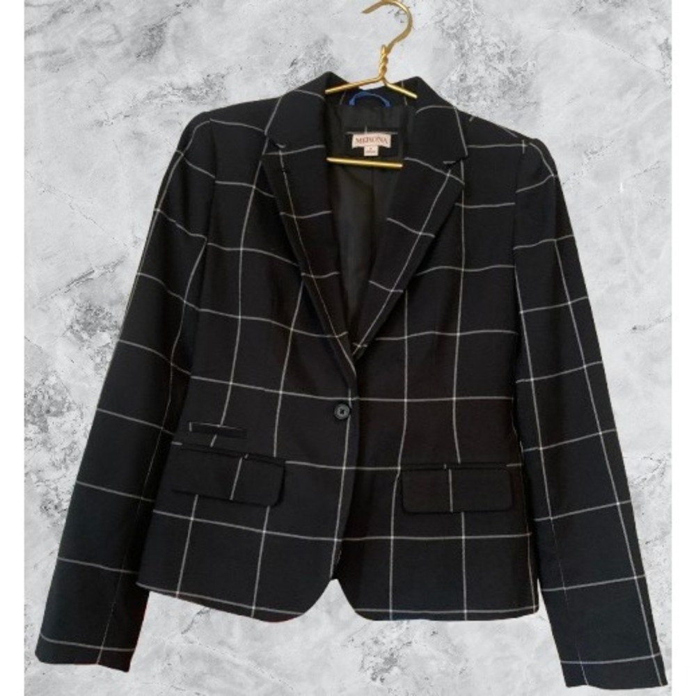 Merona Womens Black White Windowpane Plaid Blazer Jacket Size 6